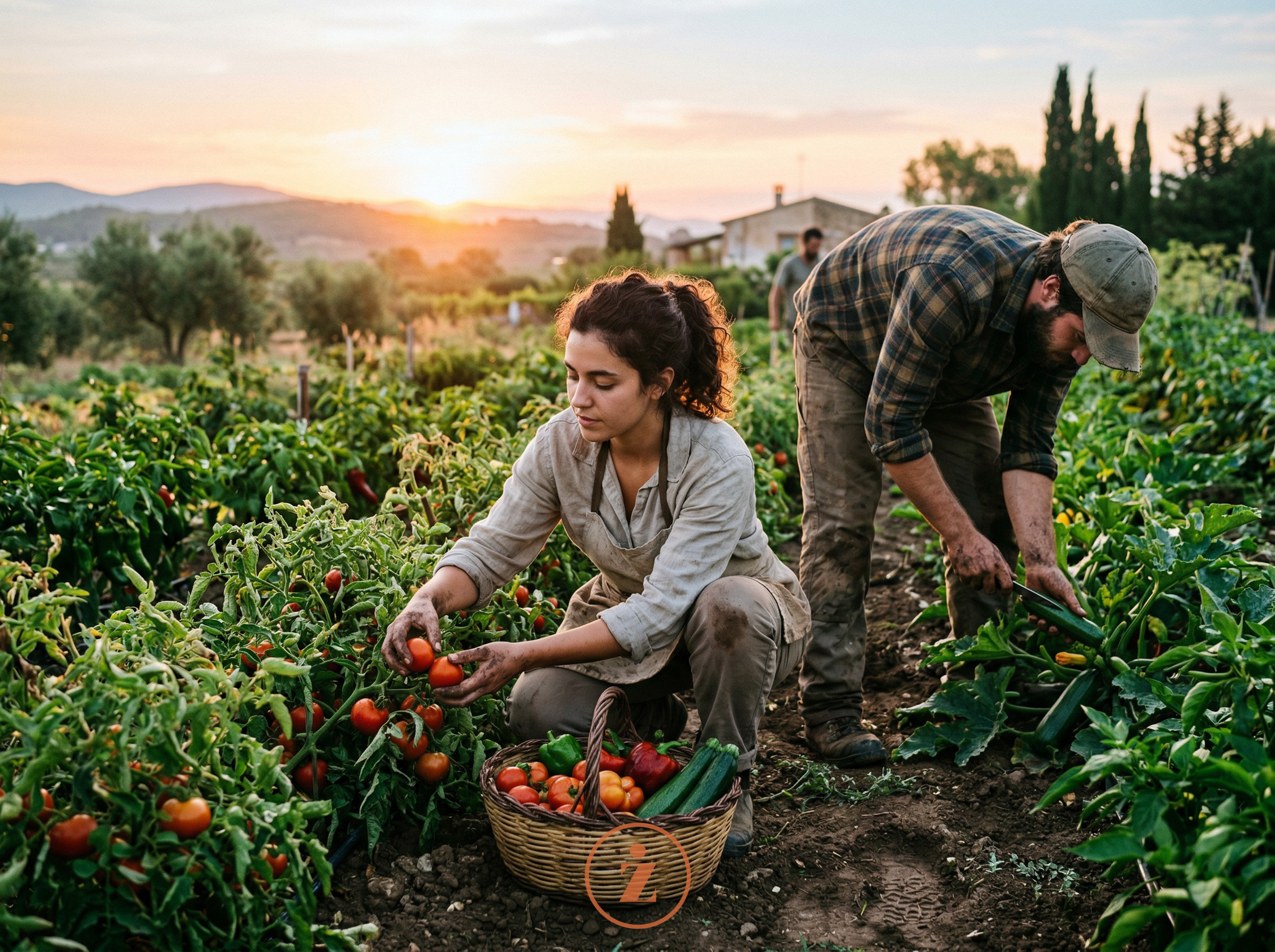personas recogiendo vegetales en un huerto sostenible